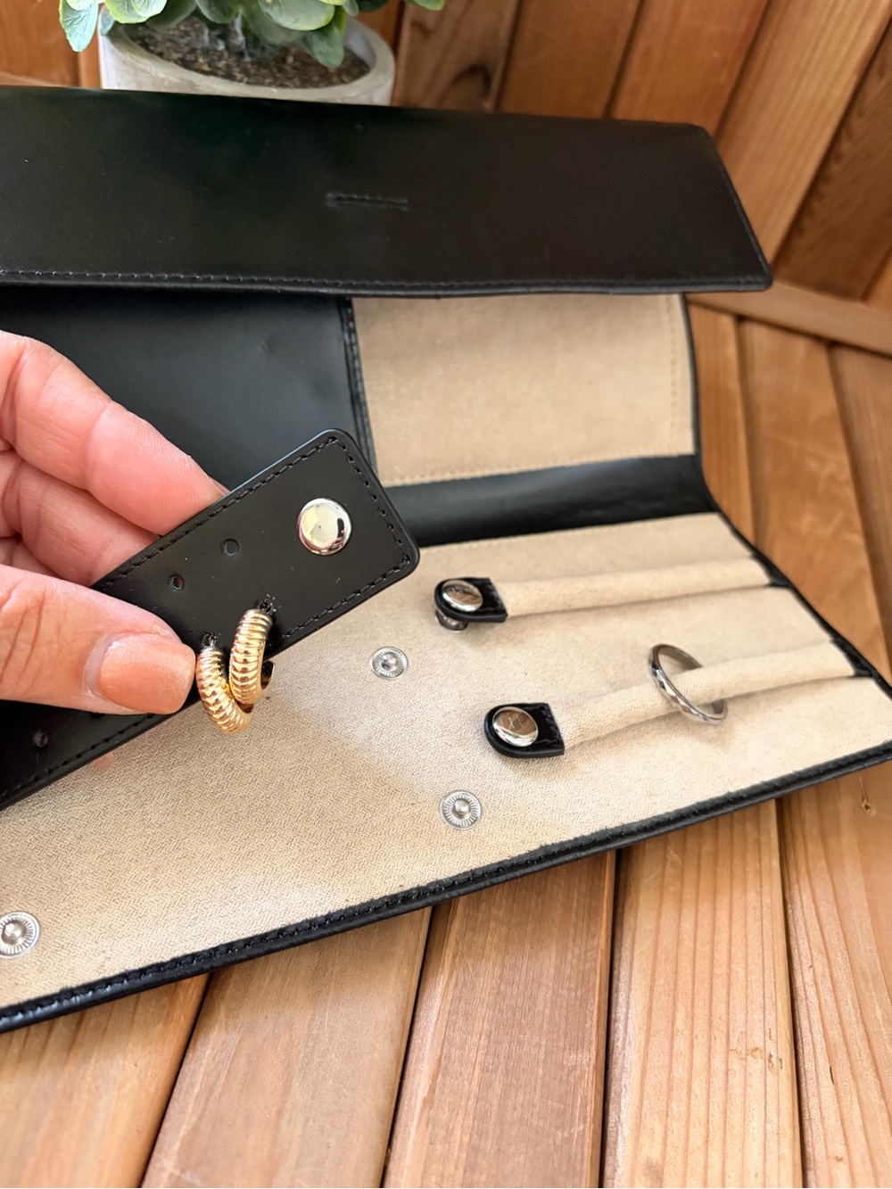 Black Patent Leather and Beige Suede Jewelry Roll Travel Organizer, Red Envelope - Picture 6 of 11